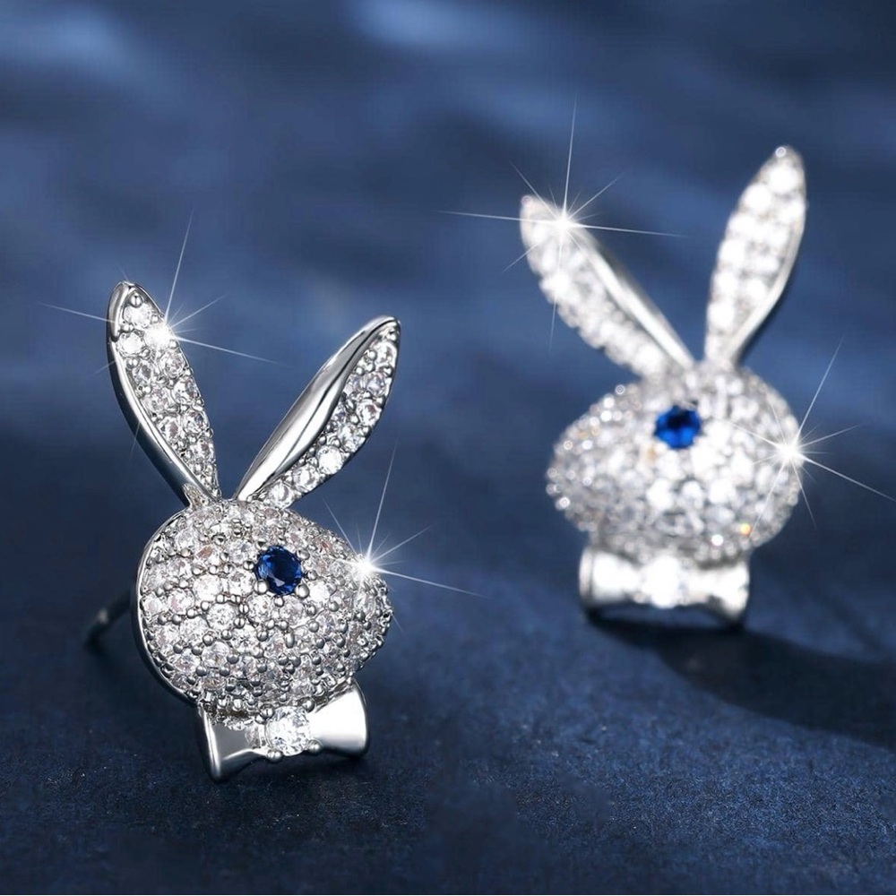 Crystal Bunny Stud Earrings with Blue Accent - Silver Tone